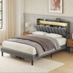 Neavins Bed Frame with Storage Headboard & LED Light, Upholstered Bed Frame with Outlet & USB Ports - Chic Decora