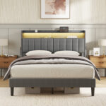 Neavins Bed Frame with Storage Headboard & LED Light, Upholstered Bed Frame with Outlet & USB Ports - Chic Decora