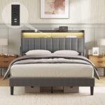 Neavins Bed Frame with Storage Headboard & LED Light, Upholstered Bed Frame with Outlet & USB Ports - Chic Decora