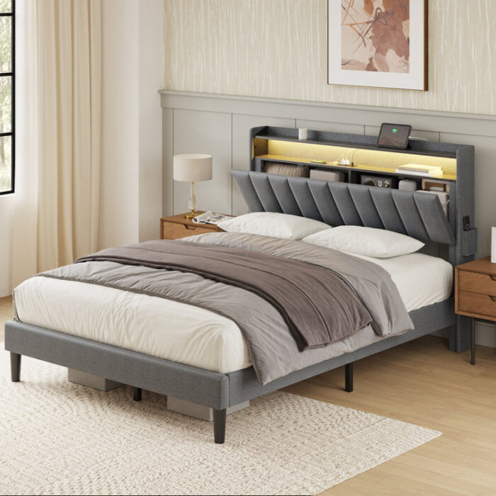 Neavins Bed Frame with Storage Headboard & LED Light, Upholstered Bed Frame with Outlet & USB Ports - Chic Decora