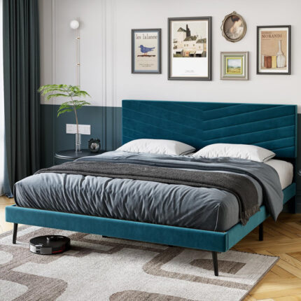 Arkie Bookcase Storage Bed, Metal Platform Bed Frame with Led Headboard and 2 Storage Drawers - Chic Decora