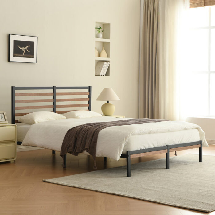 Orv Metal Platform Bed with Middle Wooden Slat Headboard - Chic Decora