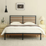 Orv Metal Platform Bed with Middle Wooden Slat Headboard - Chic Decora