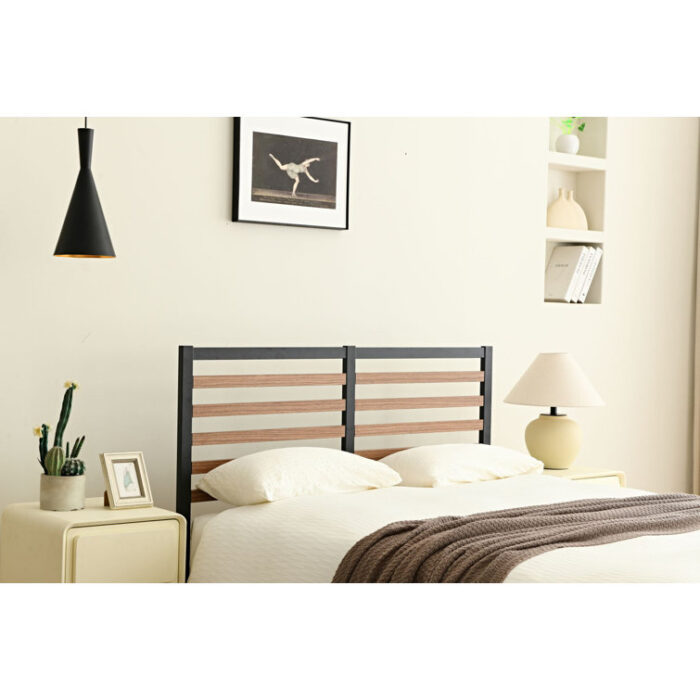 Orv Metal Platform Bed with Middle Wooden Slat Headboard - Chic Decora