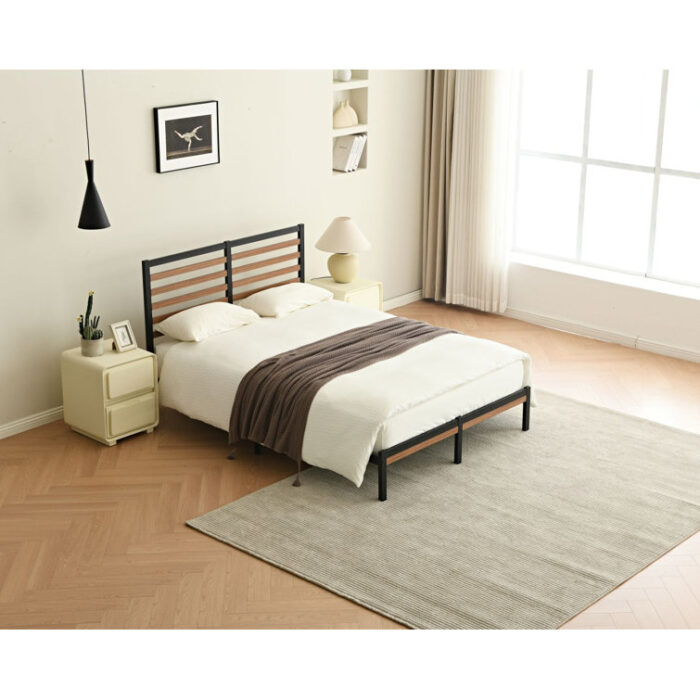 Orv Metal Platform Bed with Middle Wooden Slat Headboard - Chic Decora