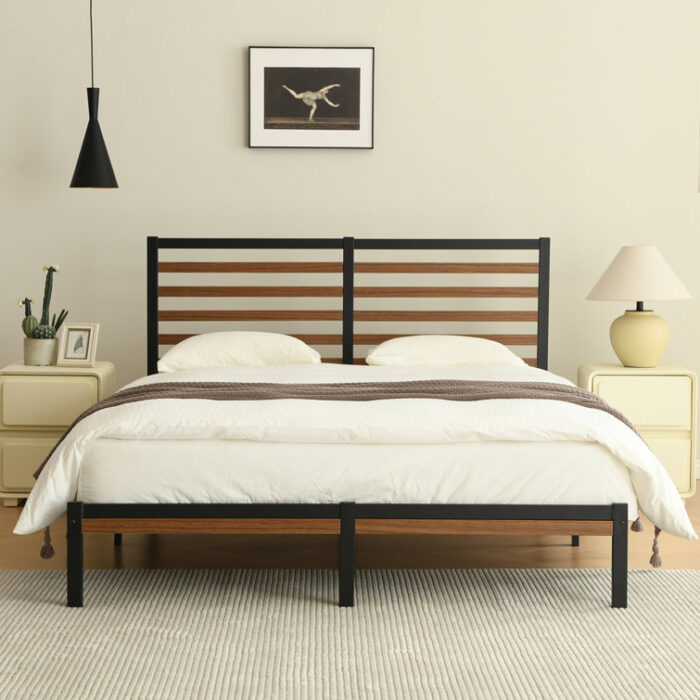 Orv Metal Platform Bed with Middle Wooden Slat Headboard - Chic Decora