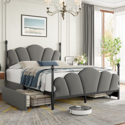 Pacer Upholstered Storage Bed With 4 Drawers & Adjustable Headboard - Chic Decora