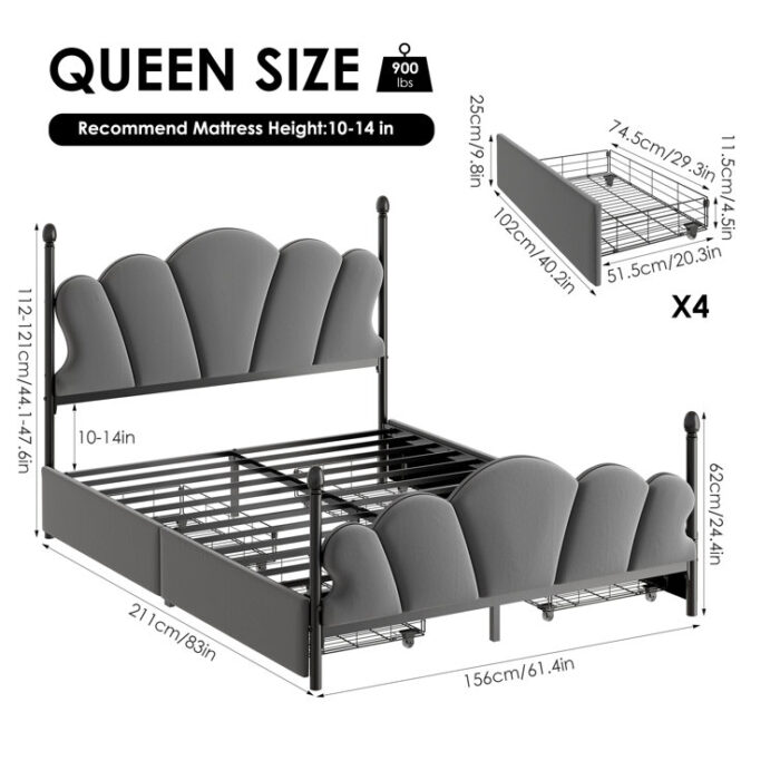 Pacer Upholstered Storage Bed With 4 Drawers & Adjustable Headboard - Chic Decora