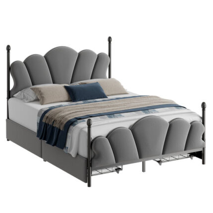 Iolana Upholstered Bed with Headboard, Detachable Shoe Rack, LED Lights and USB Ports - Chic Decora