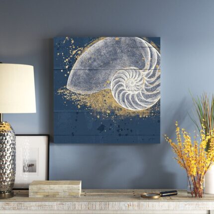 Pavie ‘Calm Seas IX No Words’ by Janelle Penner, Gold & White Abstract Seashell on Navy Pallet, Beach & Ocean Wall Art - Chic Decora