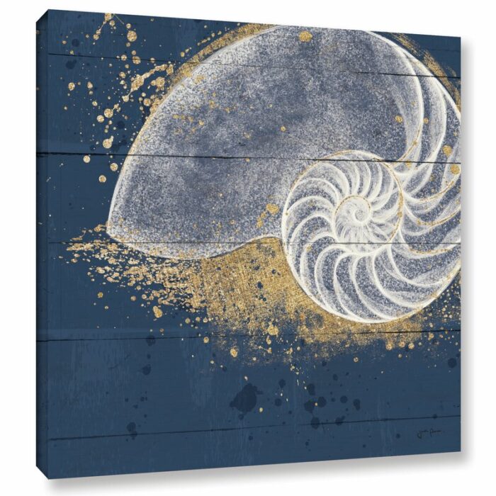 Pavie ‘Calm Seas IX No Words’ by Janelle Penner, Gold & White Abstract Seashell on Navy Pallet, Beach & Ocean Wall Art - Chic Decora