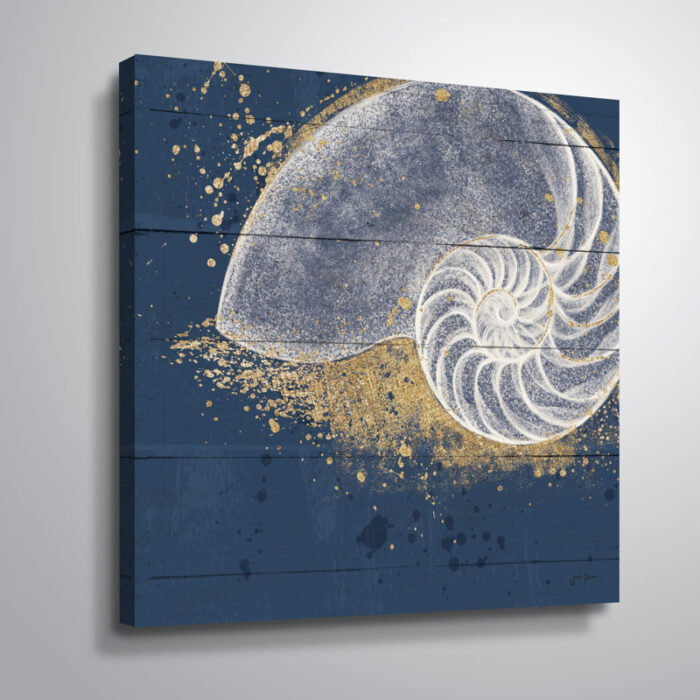 Pavie ‘Calm Seas IX No Words’ by Janelle Penner, Gold & White Abstract Seashell on Navy Pallet, Beach & Ocean Wall Art - Chic Decora