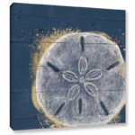 Pavie ‘Calm Seas X No Words’ by Janelle Penner, Gold & White Abstract Sand Dollar on Navy Pallet, Beach & Ocean Wall Art - Chic Decora