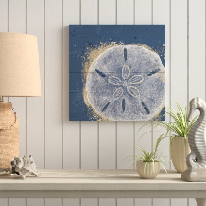 Pavie ‘Calm Seas X No Words’ by Janelle Penner, Gold & White Abstract Sand Dollar on Navy Pallet, Beach & Ocean Wall Art - Chic Decora