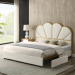 Platform Bed Frame with Storage, Sherpa Fabric Upholstered Bed with Scalloped Shell Headboard - Chic Decora