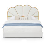 Platform Bed Frame with Storage, Sherpa Fabric Upholstered Bed with Scalloped Shell Headboard - Chic Decora