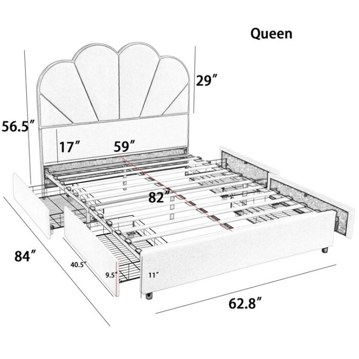 Platform Bed Frame with Storage, Sherpa Fabric Upholstered Bed with Scalloped Shell Headboard - Chic Decora