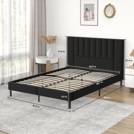 Platform Bed Frame with Tufted Upholstered Headboard & Solid Wood Bed Legs - Chic Decora