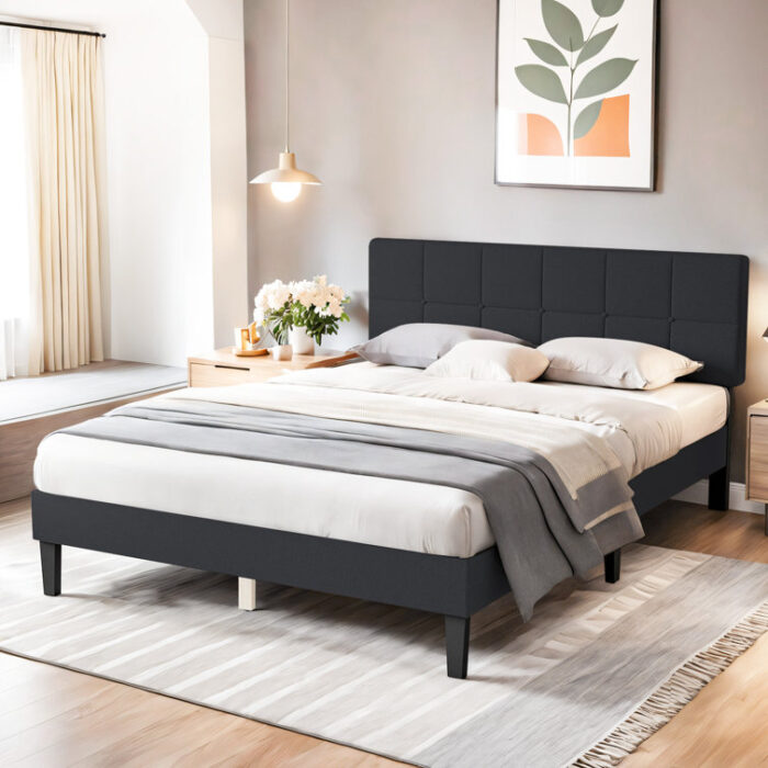 Platform Bed Frame with Upholstered Adjustable Headboard, No Box Spring Needed - Chic Decora