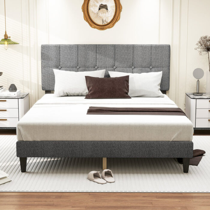 Platform Bed Frame with Upholstered Adjustable Headboard, No Box Spring Needed - Chic Decora