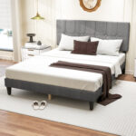 Platform Bed Frame with Upholstered Adjustable Headboard, No Box Spring Needed - Chic Decora