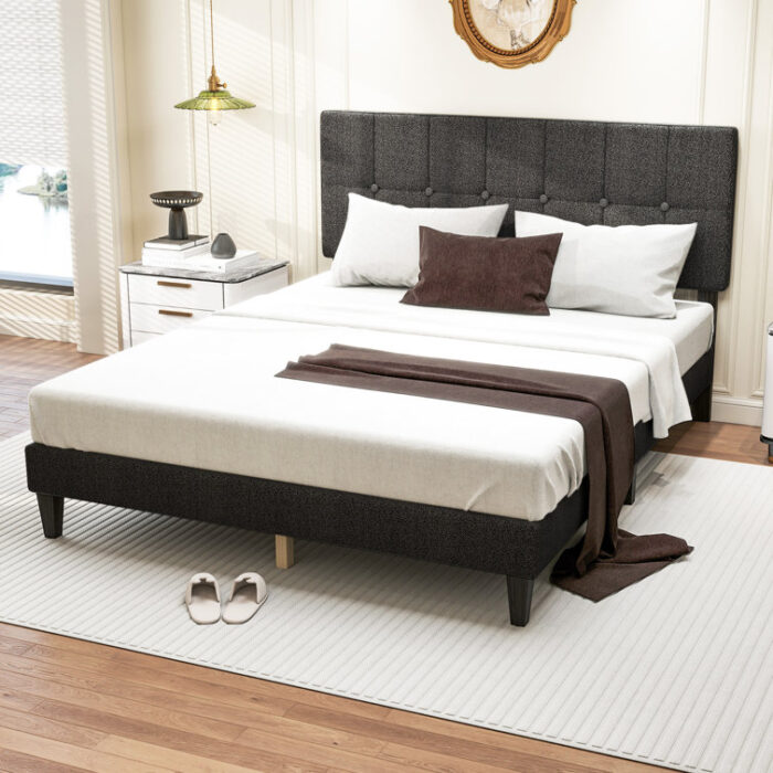 Platform Bed Frame with Upholstered Adjustable Headboard, No Box Spring Needed - Chic Decora