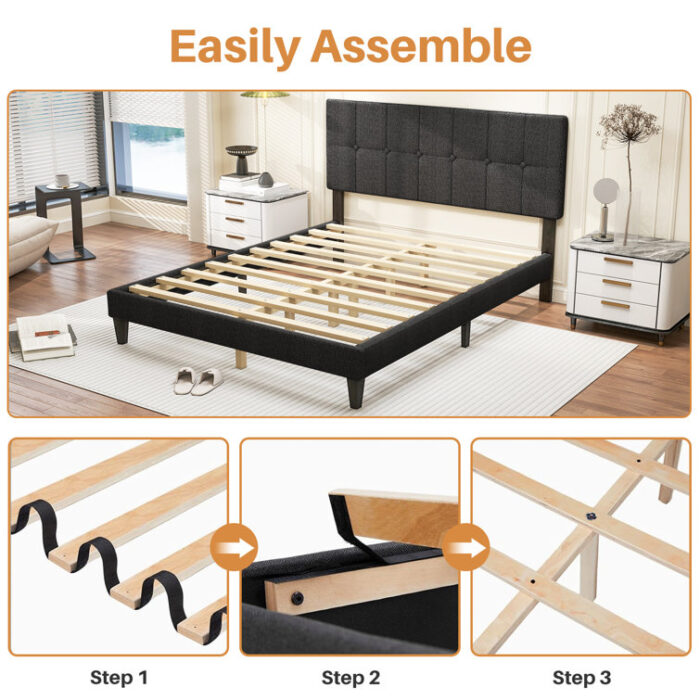 Platform Bed Frame with Upholstered Adjustable Headboard, No Box Spring Needed - Chic Decora