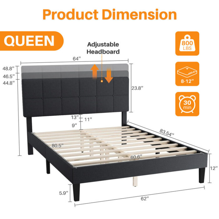 Platform Bed Frame with Upholstered Adjustable Headboard, No Box Spring Needed - Chic Decora