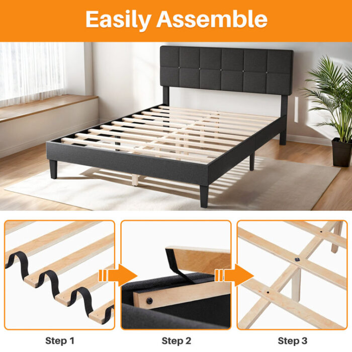 Platform Bed Frame with Upholstered Adjustable Headboard, No Box Spring Needed - Chic Decora