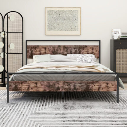 Bay Isle Home„ Bed Frame With Adjustable Rattan Headboard, Boho Platform Bed Frame With Sturdy Slats Support, No Box Spring Needed, Black - Chic Decora