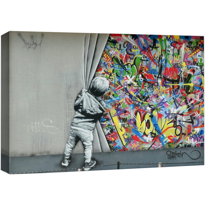 Pop Urban Street Banksy British Artist Kid Spray Paint Curtain Illusion Colorful Large Canvas Print Wall Art - Chic Decora