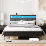 Prunty Platform Bed with Power Strip and LED Light - Chic Decora