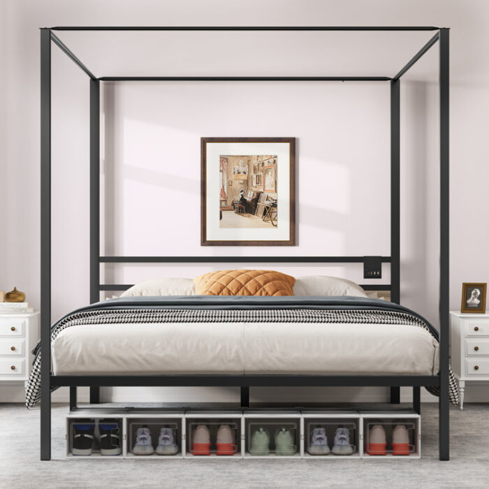 Purwin Metal Canopy Bed with Built-In Outlets - Chic Decora