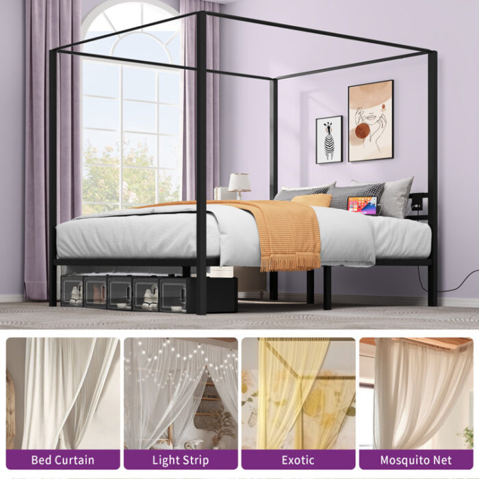 Purwin Metal Canopy Bed with Built-In Outlets - Chic Decora