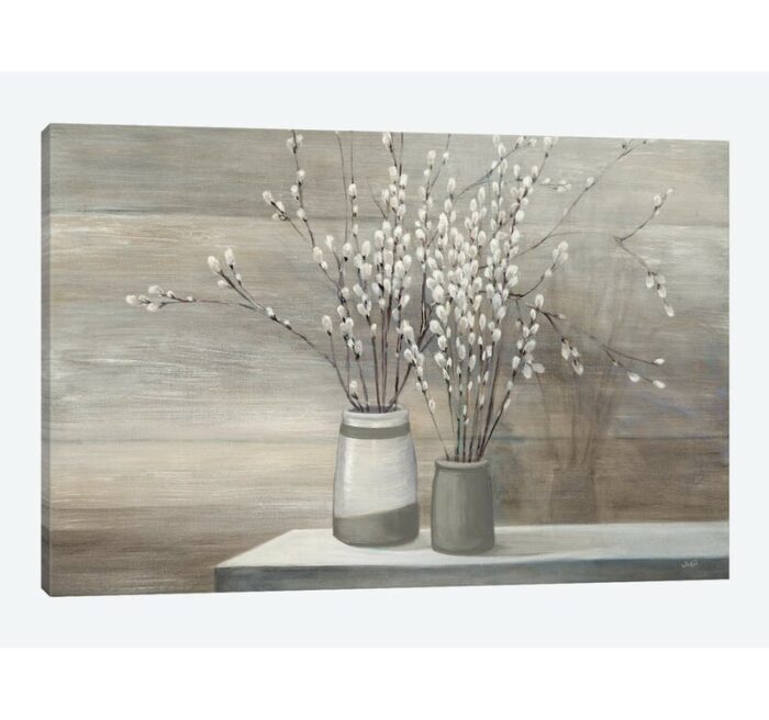 Pussy Willow Still Life Gray Pots’ By Julia Purinton Graphic Art Print on Canvas - Chic Decora