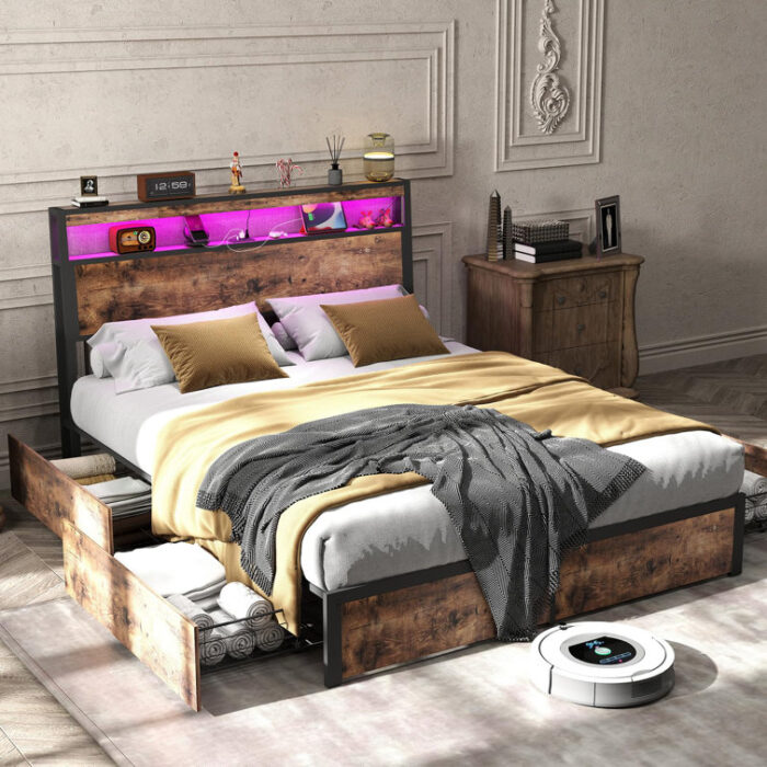 Queen Full Bed 4 Storage Drawers 2 Tier LED Lights Storage Headboard Charging Station Noise Free - Chic Decora