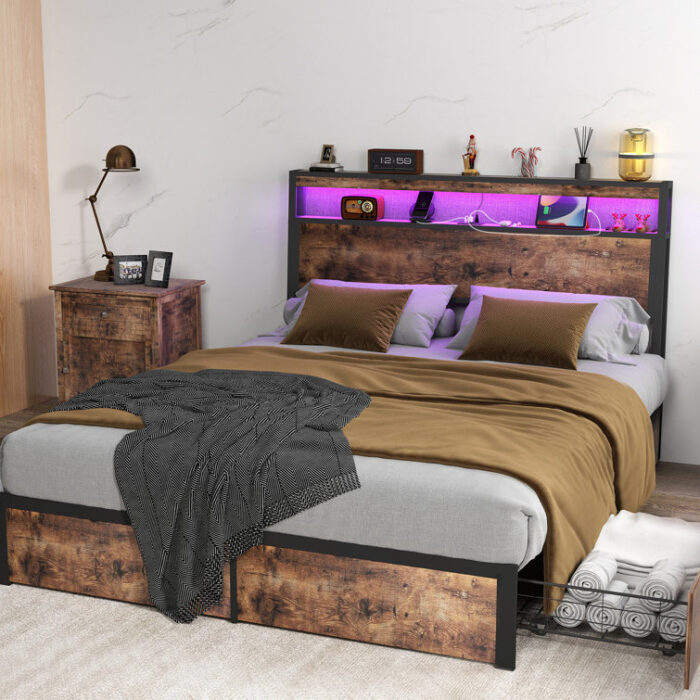 Queen Full Bed 4 Storage Drawers 2 Tier LED Lights Storage Headboard Charging Station Noise Free - Chic Decora