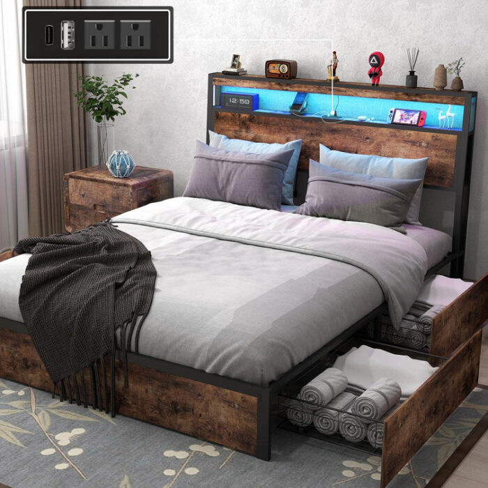 Queen Full Bed 4 Storage Drawers 2 Tier LED Lights Storage Headboard Charging Station Noise Free - Chic Decora