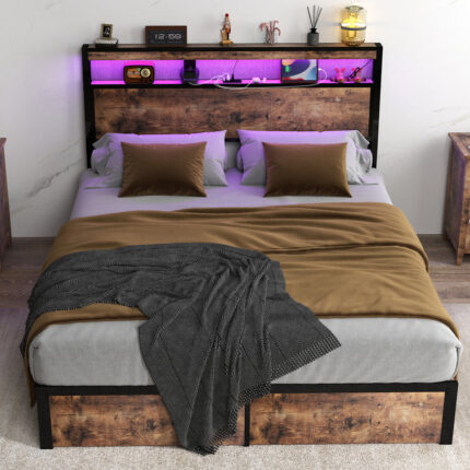 Queen Full Bed 4 Storage Drawers 2 Tier LED Lights Storage Headboard Charging Station Noise Free - Chic Decora