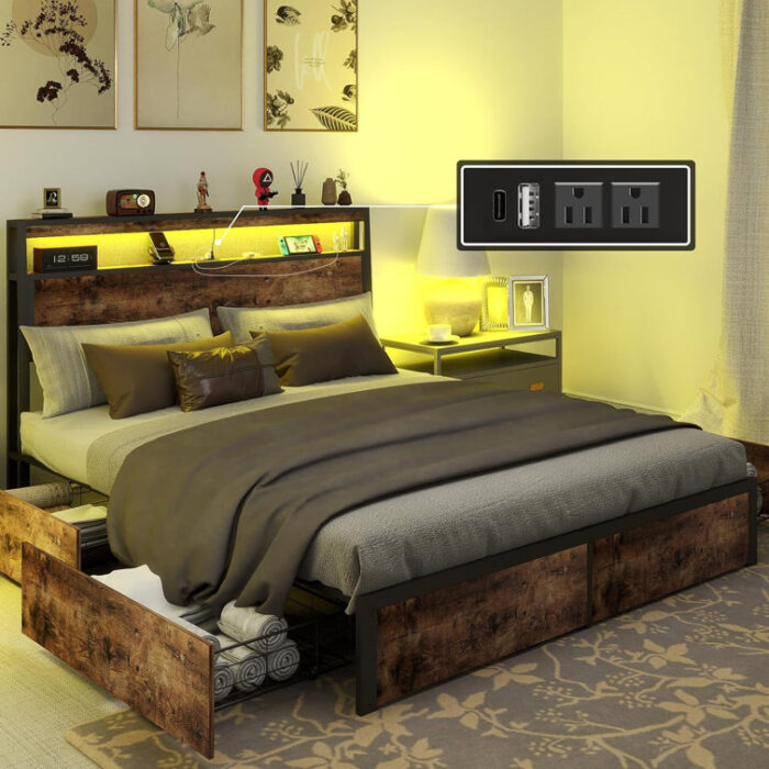 Queen Full Bed 4 Storage Drawers 2 Tier LED Lights Storage Headboard Charging Station Noise Free - Chic Decora