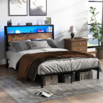 Queen Full Bed Frame W/2-Tier Storage Headboard Charging Station LED Lights Noise Free Rustic Brown - Chic Decora