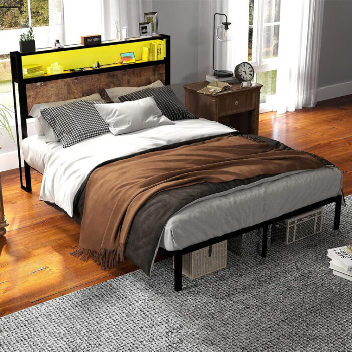 Queen Full Bed Frame W/2-Tier Storage Headboard Charging Station LED Lights Noise Free Rustic Brown - Chic Decora