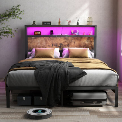 Queen Full Bed Frame W/2-Tier Storage Headboard Charging Station LED Lights Noise Free Rustic Brown - Chic Decora