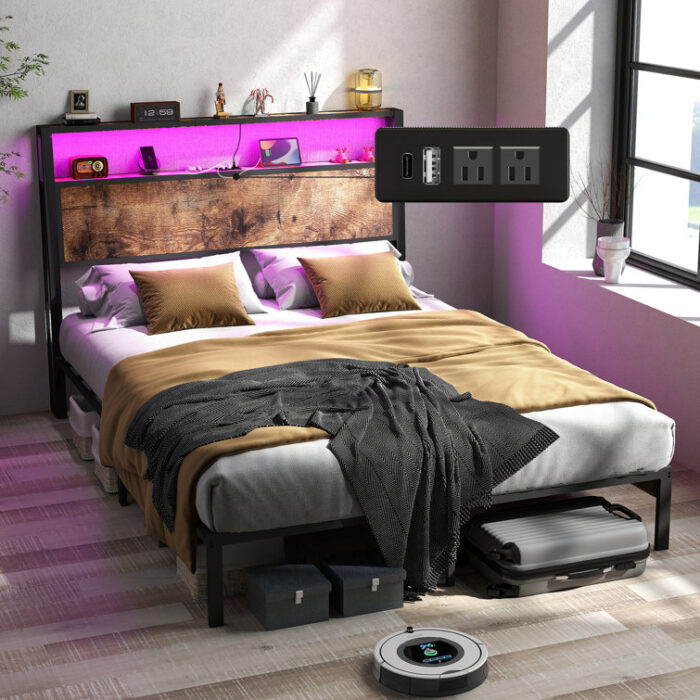 Queen Full Bed Frame W/2-Tier Storage Headboard Charging Station LED Lights Noise Free Rustic Brown - Chic Decora