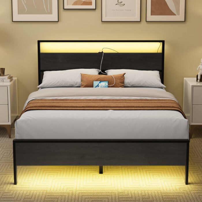 Queen Platform Bed with Lighted Headboard and Footboard - Chic Decora