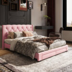 Queen Tufted Low Profile Storage Upholstered Wingback Bed – 2 Drawers - Chic Decora