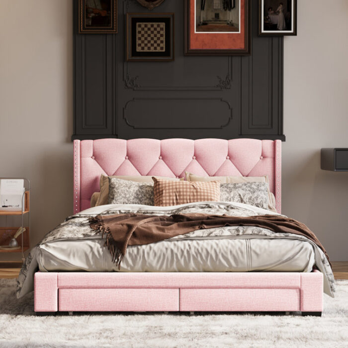 Queen Tufted Low Profile Storage Upholstered Wingback Bed – 2 Drawers - Chic Decora