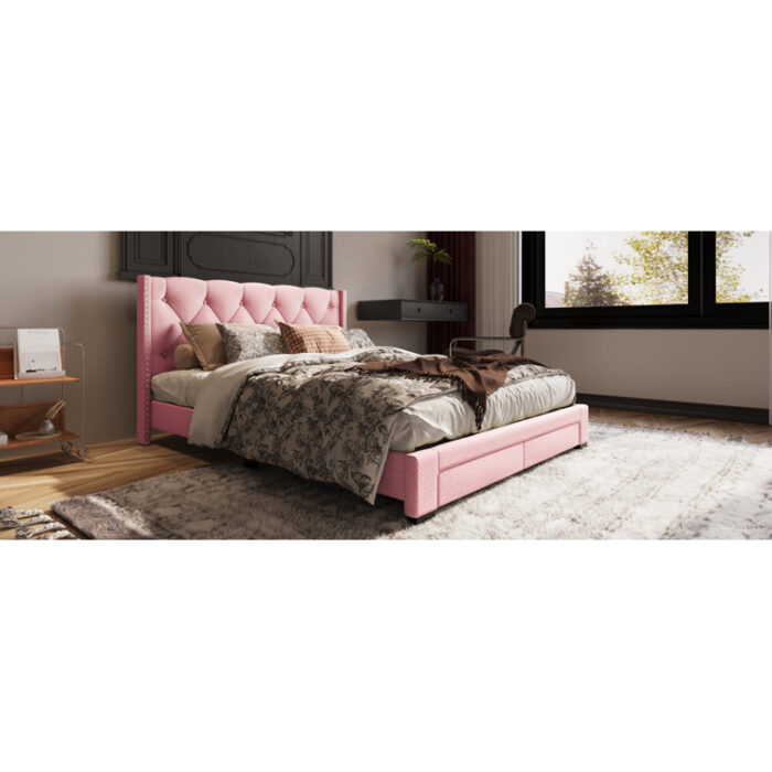 Queen Tufted Low Profile Storage Upholstered Wingback Bed – 2 Drawers - Chic Decora