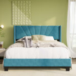 Queen Upholstered Low Profile Wingback Velvet Platform Bed- Box Spring Needed - Chic Decora