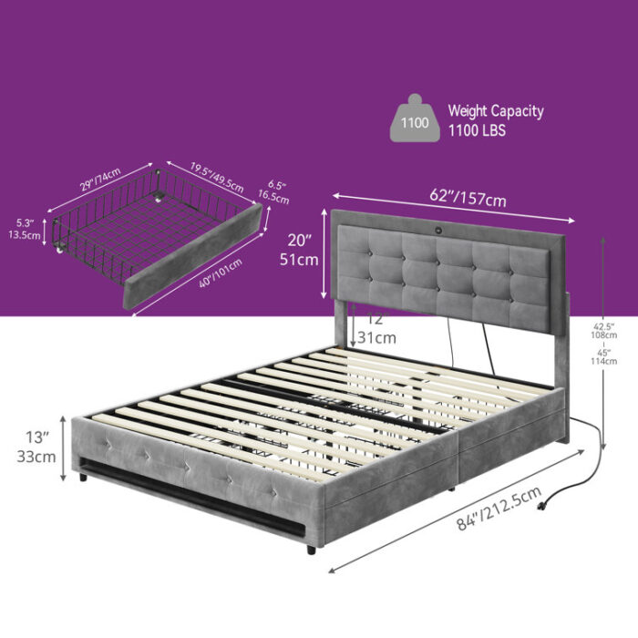 Queen Upholstered Storage Bed with Lighted Headboard and Footboard - Chic Decora